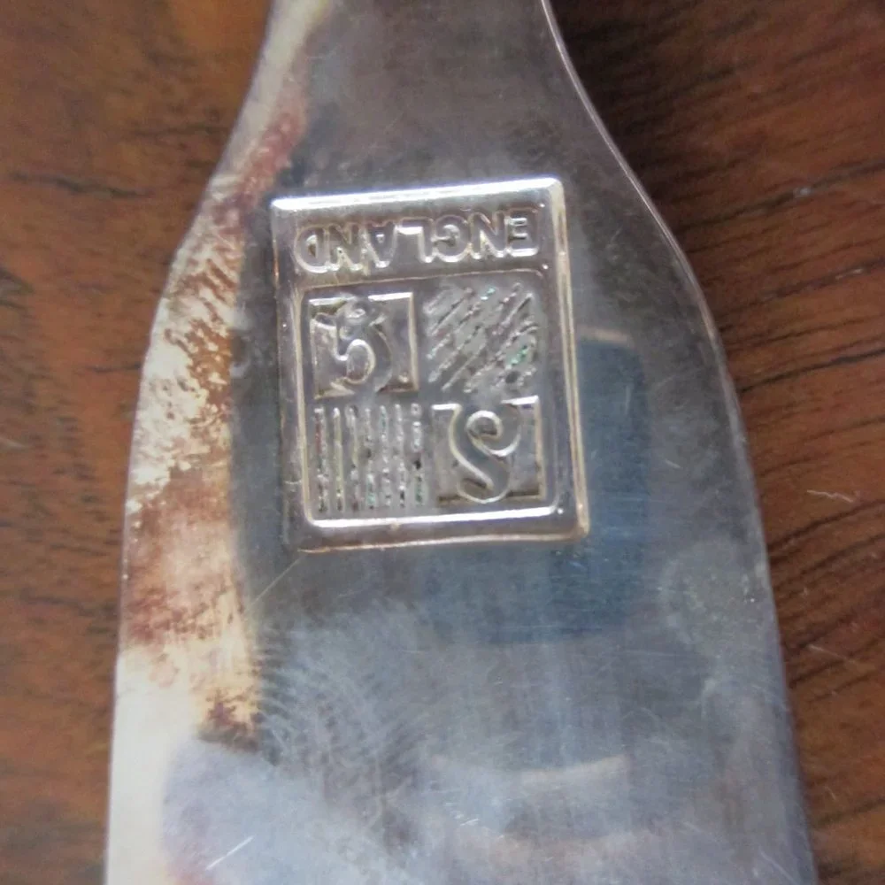 SG Hallmarked England Vintage Silverplate Serving Spoon with blue K&M sleeve